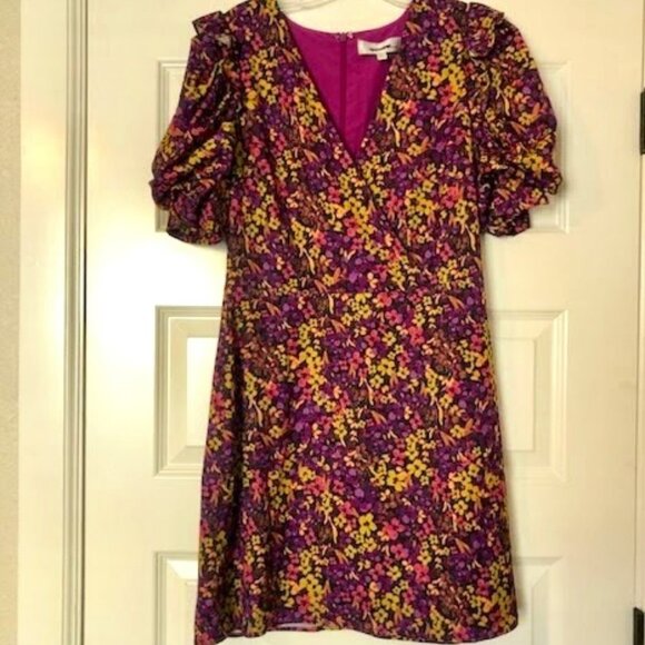 New ADELYN RAE Silky Purple Gold Floral Puff Sleeve V neck Mini Cocktail Dress L - Picture 4 of 6